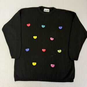 Great Times Black Knit Sweater Colorful Button Accent Oversized Pullover